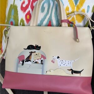 RADLEY LONDON Cream & Pink Leather Tote with Playful Dog Appliques